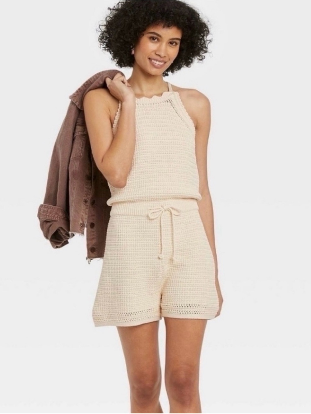 Universal Thread Cream Crochet Knit Halter Romper